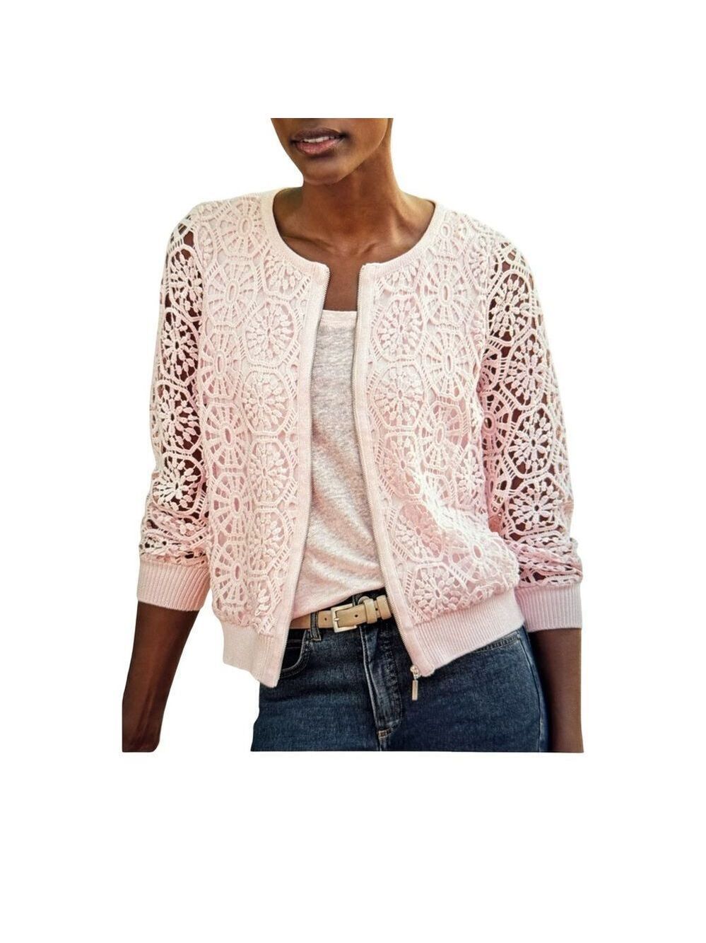 Pure Collection Lace Zip Cardigan, Soft Pink